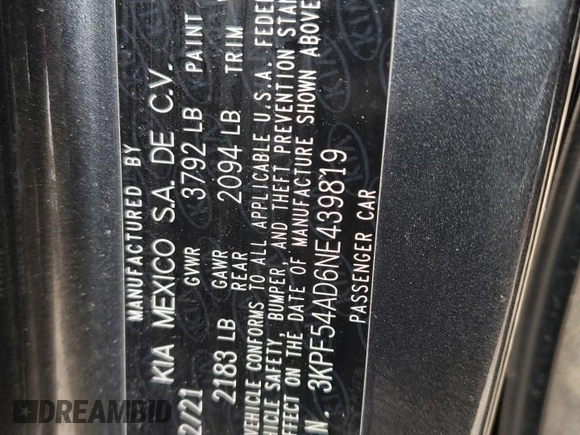 2022 Kia Forte GT-Line with VIN 3KPF54AD6NE439819, listed as a Copart auction lot 48334985 with 64,393 mi miles and Salvage Title. Bid and sale history available at carsss.com. Image 12.