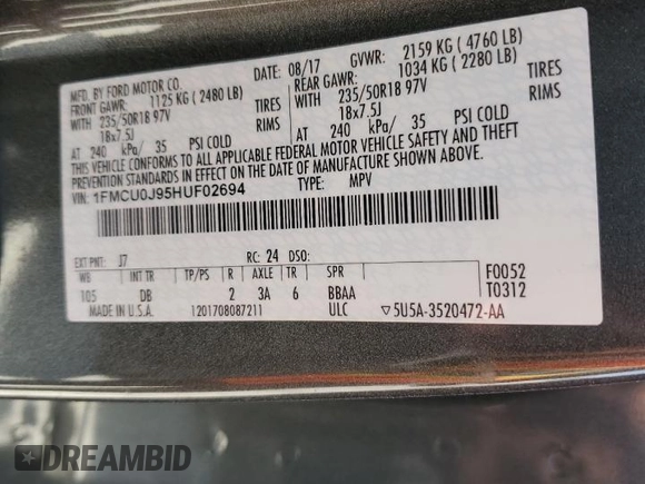 2017 Ford Escape Titanium with VIN 1FMCU0J95HUF02694, listed as a Copart auction lot 49861745 with 114,602 mi miles and Salvage Title. Bid and sale history available at DreamBid. Image 14.
