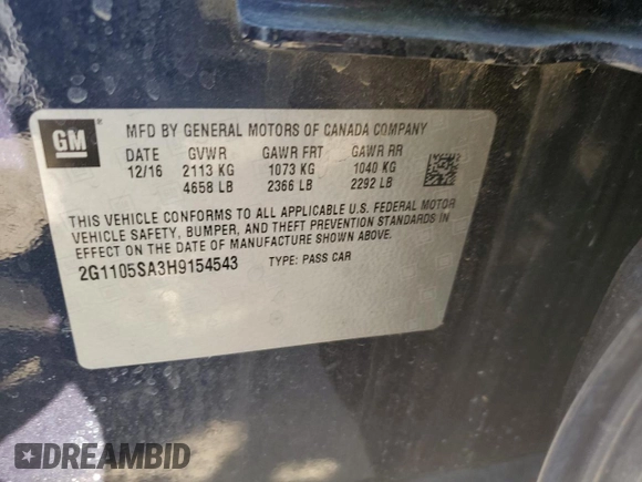 2017 Chevrolet Impala LT with VIN 2G1105SA3H9154543, listed as a Copart auction lot 47993825 with 205,339 mi miles and Salvage Title. Bid and sale history available at DreamBid. Image 14.
