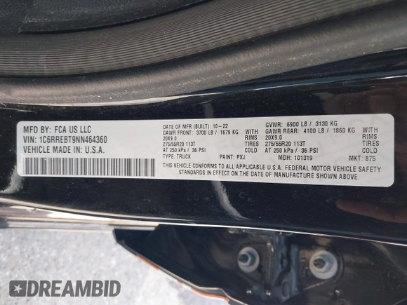 2022 Ram 1500 Big Horn z VIN 1C6RREBT9NN464360, wystawiony jako IAAI lot #42172422 z przebiegiem 29 450 mil mil oraz . Historia ofert i sprzedaży dostępna na DreamBid. Obrazek 9.