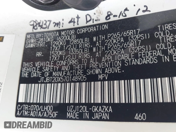 2007 Lexus GX 470 z VIN JTJBT20X570148905, wystawiony jako IAAI lot #42025227 z przebiegiem 293 379 mil mil oraz . Historia ofert i sprzedaży dostępna na DreamBid. Obrazek 9.