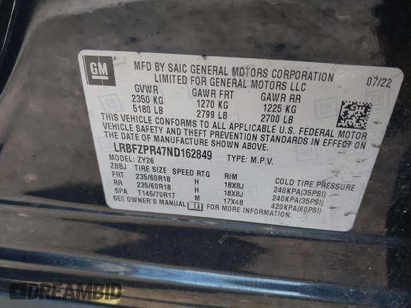 2022 Buick Envision Essence with VIN LRBFZPR47ND162849, listed as a IAAI auction lot 41613567 with 34,322 mi miles. Bid and sale history available at carsss.com. Image 9.