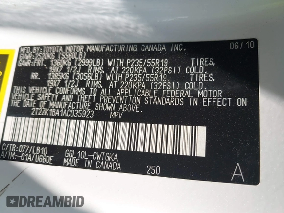 2010 Lexus RX 350 with VIN 2T2ZK1BA1AC035923, listed as a IAAI auction lot 42377519 with 235,294 mi miles and . Bid and sale history available at DreamBid. Image 9.