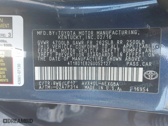 2016 Toyota Avalon Hybrid XLE Premium with VIN 4T1BD1EB2GU052127, listed as a IAAI auction lot 41737260 with 266,841 mi miles. Bid and sale history available at carsss.com. Image 9.