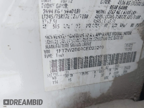 2012 Ford F-250 XL with VIN 1FT7W2B69CED23299, listed as a IAAI auction lot 41313481 with 160,251 mi miles and . Bid and sale history available at DreamBid. Image 9.