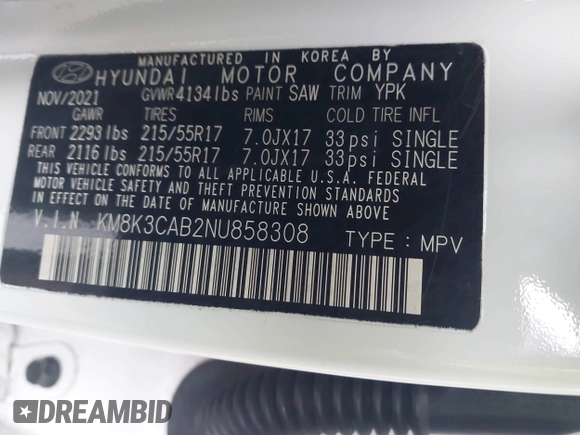 2022 Hyundai Kona SEL with VIN KM8K3CAB2NU858308, listed as a IAAI auction lot 42021360 with 17,894 mi miles and . Bid and sale history available at DreamBid. Image 9.