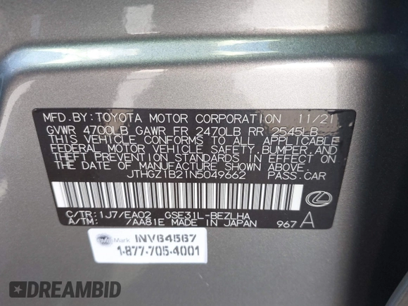 2022 Lexus IS 350 F Sport z VIN JTHGZ1B21N5049662, wystawiony jako IAAI lot #41621007 z przebiegiem 39 045 mil mil oraz . Historia ofert i sprzedaży dostępna na DreamBid. Obrazek 9.