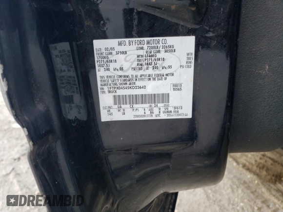 2005 Ford F-150 XLT with VIN 1FTPX04545KD23642, listed as a Copart auction lot 88073295 with Not provided miles and Salvage title. Bid and sale history available at DreamBid. Image 13.