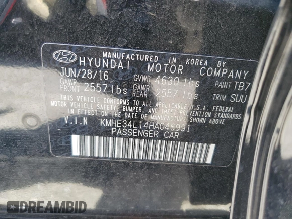 2017 Hyundai Sonata Hybrid Limited with VIN KMHE34L14HA046991, listed as a Copart auction lot 65815373 with 95,854 mi miles. Bid and sale history available at carsss.com. Image 12.