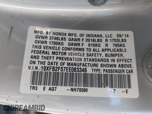 2014 Honda Civic Sedan LX with VIN 19XFB2F57EE083346, listed as a IAAI auction lot 41265072 with 164,121 mi miles. Bid and sale history available at carsss.com. Image 9.