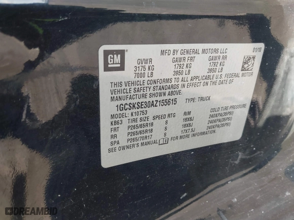 2010 Chevrolet Silverado 1500 LT with VIN 1GCSKSE30AZ155615, listed as a IAAI auction lot 41659313 with 393,978 mi miles. Bid and sale history available at carsss.com. Image 9.