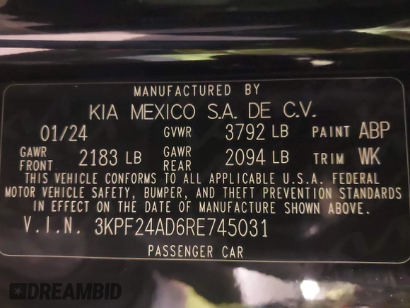2024 Kia Forte LXS with VIN 3KPF24AD6RE745031, listed as a IAAI auction lot 41776118 with 18,093 mi miles and . Bid and sale history available at DreamBid. Image 9.