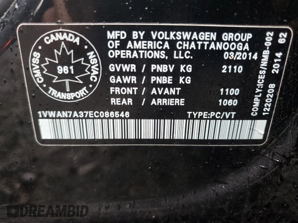 2014 Volkswagen Passat with VIN 1VWAN7A37EC086546, listed as a Copart auction lot 57513595 with 201,309 mi miles and Clean title. Bid and sale history available at DreamBid. Image 12.