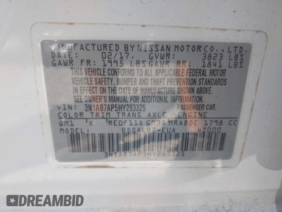 2017 Nissan Sentra S with VIN 3N1AB7AP5HY283325, listed as a IAAI auction lot 42582420 with 101,794 mi miles and . Bid and sale history available at DreamBid. Image 9.