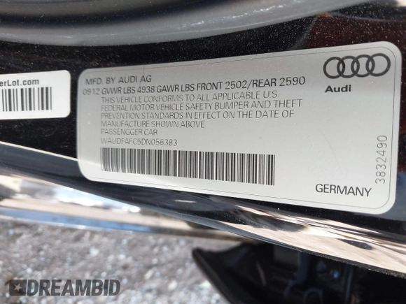2013 Audi A6 2.0T Premium Plus with VIN WAUDFAFC5DN056383, listed as a IAAI auction lot 42023949 with 128,118 mi miles. Bid and sale history available at carsss.com. Image 9.