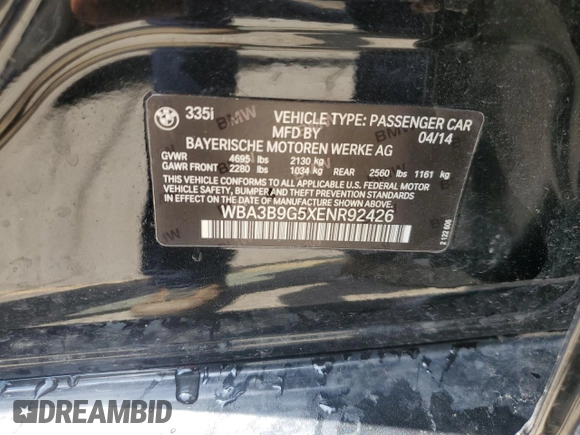 2014 BMW 3 Series 335i xDrive с VIN WBA3B9G5XENR92426, выставлен на аукционе Copart как лот 57073385 с пробегом 138 932 миль миль и Чистый • Clean title. История ставок и продаж доступна на DreamBid. Изображение 12.