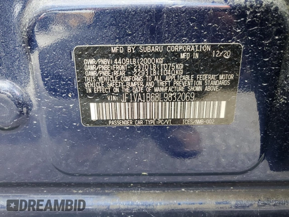 2020 Subaru WRX Premium with VIN JF1VA1B68L9832069, listed as a Copart auction lot 55039145 with 52,416 mi miles and Salvage Title. Bid and sale history available at carsss.com. Image 12.