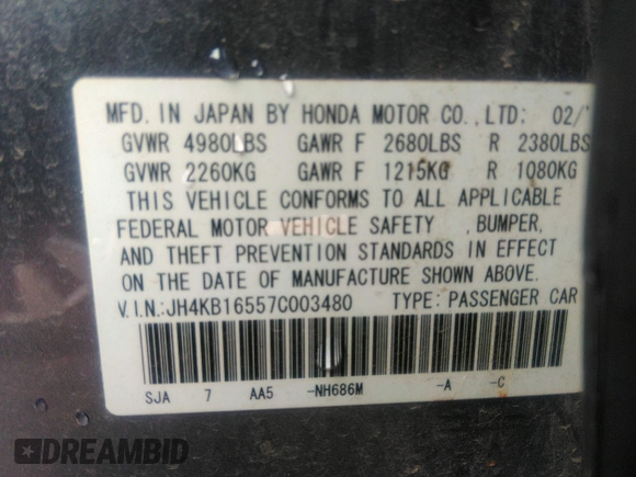 2007 Acura RL with VIN JH4KB16557C003480, listed as a IAAI auction lot 41392127 with Not provided miles and . Bid and sale history available at DreamBid. Image 9.