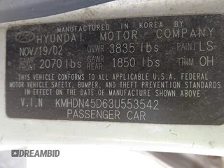 2003 Hyundai Elantra GLS z VIN KMHDN45D63U553542, wystawiony jako IAAI lot #42032294 z przebiegiem 164 210 mil mil oraz . Historia ofert i sprzedaży dostępna na DreamBid. Obrazek 9.