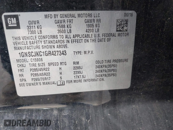 2016 Chevrolet Suburban LTZ with VIN 1GNSCJKC1GR427343, listed as a IAAI auction lot 40902519 with 163,148 mi miles and . Bid and sale history available at DreamBid. Image 9.