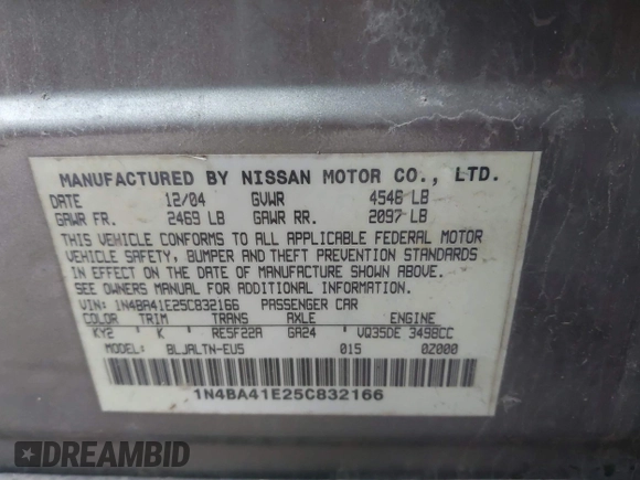 2005 Nissan Maxima SE с VIN 1N4BA41E25C832166, выставлен на аукционе IAAI как лот 38828708 с пробегом 202 955 миль миль и . История ставок и продаж доступна на DreamBid. Изображение 9.
