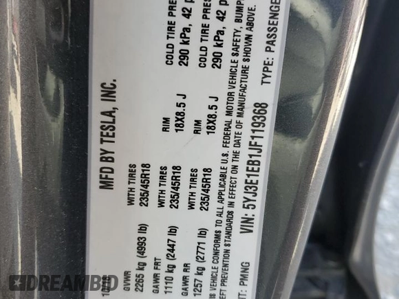 2018 Tesla Model 3 Long Range Battery z VIN 5YJ3E1EB1JF119368, wystawiony jako Copart lot #54059834 z przebiegiem 49 216 mil mil oraz Szkody całkowita. Historia ofert i sprzedaży dostępna na DreamBid. Obrazek 12.