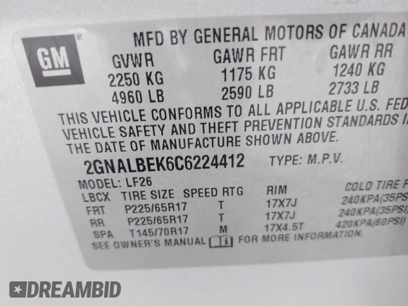 2012 Chevrolet Equinox LS with VIN 2GNALBEK6C6224412, listed as a IAAI auction lot 42091755 with 134,855 mi miles and . Bid and sale history available at DreamBid. Image 9.