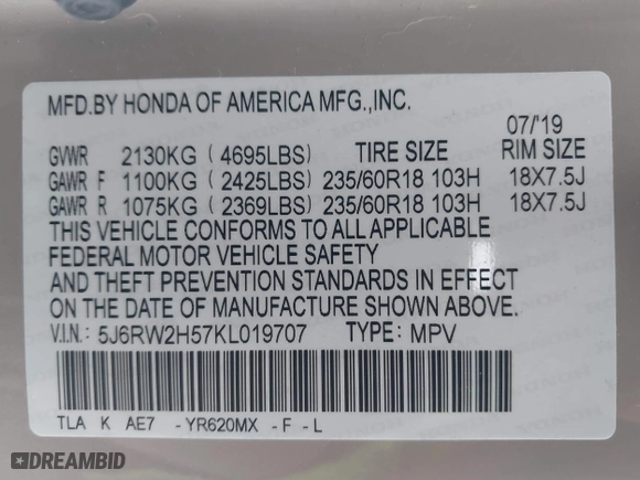 2019 Honda CR-V EX with VIN 5J6RW2H57KL019707, listed as a IAAI auction lot 41460741 with 32,579 mi miles. Bid and sale history available at carsss.com. Image 9.
