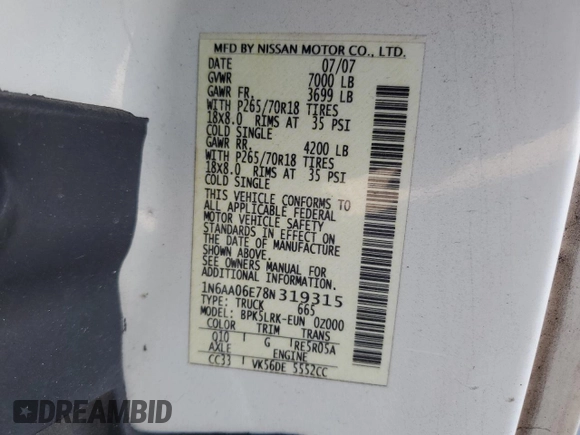 2008 Nissan Titan with VIN 1N6AA06E78N319315, listed as a Copart auction lot 87756645 with 146,133 mi miles and Clean title. Bid and sale history available at DreamBid. Image 12.