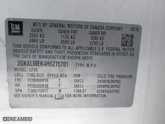 2017 GMC Terrain SLE with VIN 2GKALMEK4H6275701, listed as a IAAI auction lot 41534302 with 111,202 mi miles. Bid and sale history available at carsss.com. Image 9.