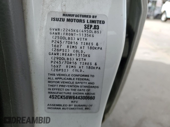 2004 Isuzu Rodeo S z VIN 4S2CK58W644300660, wystawiony jako Copart lot #54633785 z przebiegiem 375 845 mil mil oraz Szkoda całkowita • Salvage title. Historia ofert i sprzedaży dostępna na DreamBid. Obrazek 13.