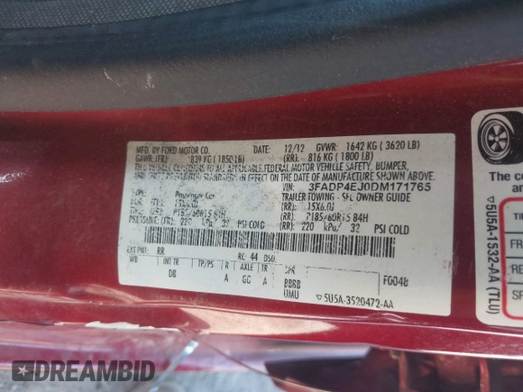 2013 Ford Fiesta SE with VIN 3FADP4EJ0DM171765, listed as a IAAI auction lot 42106666 with 149,873 mi miles and . Bid and sale history available at DreamBid. Image 9.
