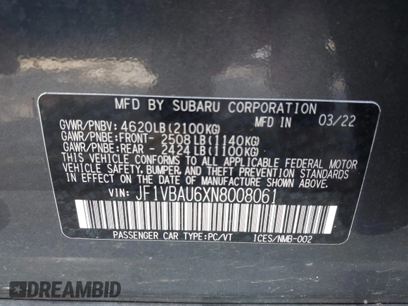 2022 Subaru WRX GT with VIN JF1VBAU6XN8008061, listed as a IAAI auction lot 42534807 with 31,388 mi miles and . Bid and sale history available at DreamBid. Image 9.