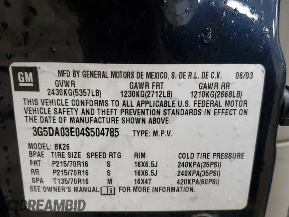 2004 Buick Rendezvous with VIN 3G5DA03E04S504785, listed as a Copart auction lot 42613795 with Not Provided miles and Clean Title. Bid and sale history available at DreamBid. Image 13.
