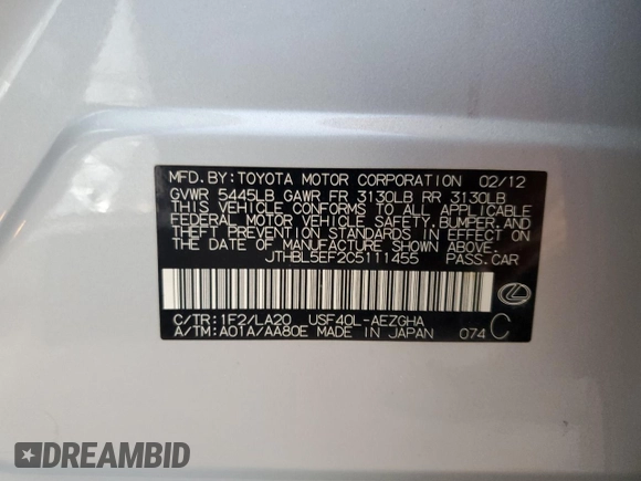 2012 Lexus LS 460 with VIN JTHBL5EF2C5111455, listed as a Copart auction lot 49353025 with 48,864 mi miles and Salvage title. Bid and sale history available at DreamBid. Image 12.