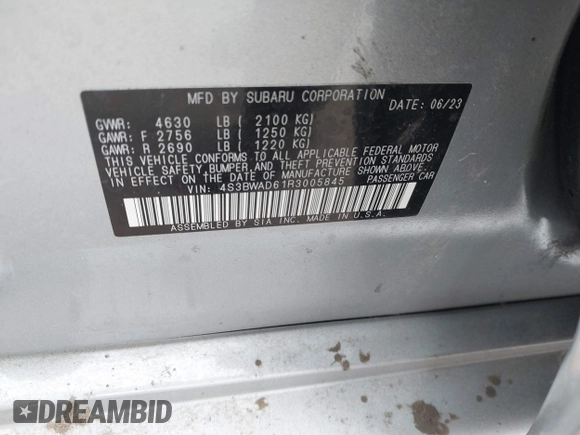 2024 Subaru Legacy Premium with VIN 4S3BWAD61R3005845, listed as a IAAI auction lot 41209410 with 1,732 mi miles and . Bid and sale history available at DreamBid. Image 9.