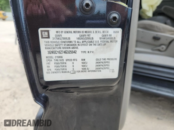 2004 Chevrolet Suburban LS с VIN 3GNEC16Z74G325942, выставлен на аукционе Copart как лот 60229585 с пробегом Не указан миль и Списание • Salvage title. История ставок и продаж доступна на DreamBid. Изображение 14.