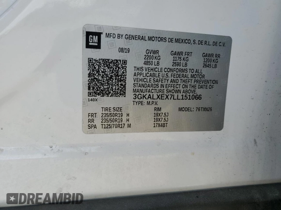2020 GMC Terrain Denali with VIN 3GKALXEX7LL151066, listed as a Copart auction lot 50379815 with 56,333 mi miles and Salvage title. Bid and sale history available at DreamBid. Image 15.