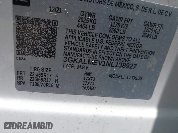 2022 GMC Terrain SLE with VIN 3GKALMEV1NL138927, listed as a IAAI auction lot 42334616 with 75,432 mi miles and . Bid and sale history available at DreamBid. Image 9.