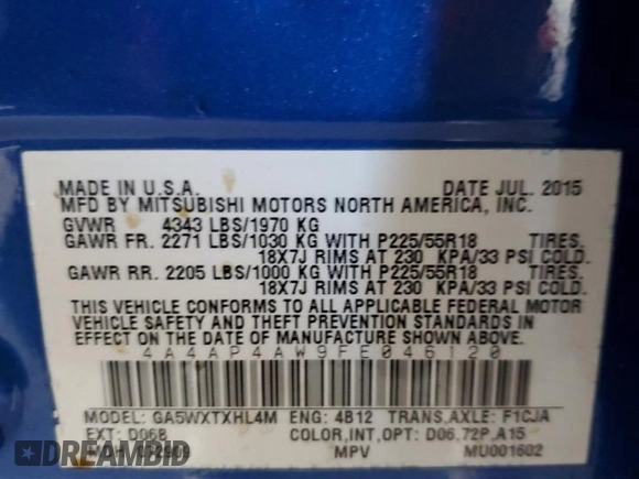 2015 Mitsubishi Outlander Sport 2.4 GT with VIN 4A4AP4AW9FE046120, listed as a Copart auction lot 81952994 with 90,933 mi miles and Salvage Title. Bid and sale history available at carsss.com. Image 12.