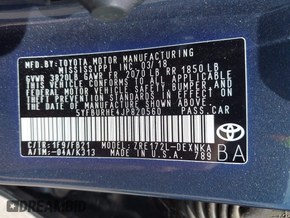2018 Toyota Corolla L z VIN 5YFBURHE4JP820560, wystawiony jako IAAI lot #42317624 z przebiegiem 84 946 mil mil oraz . Historia ofert i sprzedaży dostępna na DreamBid. Obrazek 9.