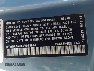 2010 Volkswagen Eos Komfort with VIN WVWBA7AH4AV018914, listed as a IAAI auction lot 41603640 with 86,748 mi miles and . Bid and sale history available at DreamBid. Image 9.