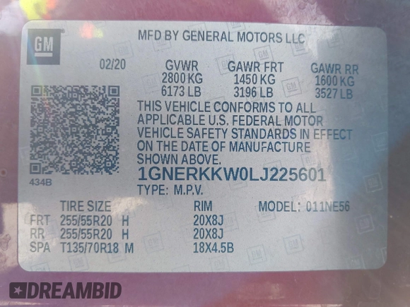 2020 Chevrolet Traverse Premier with VIN 1GNERKKW0LJ225601, listed as a IAAI auction lot 42308987 with 48,796 mi miles and . Bid and sale history available at DreamBid. Image 9.