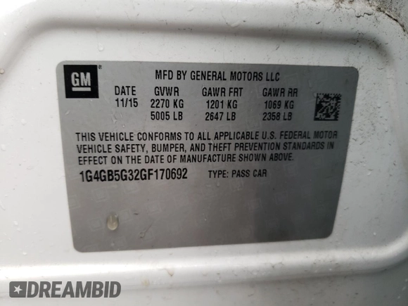 2016 Buick LaCrosse Leather with VIN 1G4GB5G32GF170692, listed as a Copart auction lot 50130155 with 109,576 mi miles and Salvage Title. Bid and sale history available at carsss.com. Image 12.