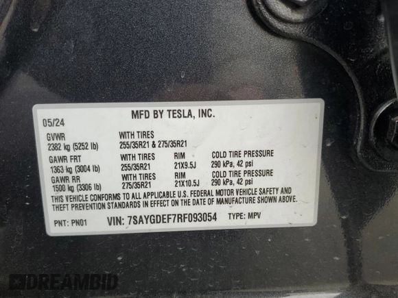 2024 Tesla Model Y Performance with VIN 7SAYGDEF7RF093054, listed as a Copart auction lot 50747985 with 26,907 mi miles and Salvage Title. Bid and sale history available at DreamBid. Image 15.