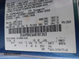 2010 Ford Fusion SPORT with VIN 3FAHP0KC6AR181263, listed as a IAAI auction lot 41801667 with 162,431 mi miles. Bid and sale history available at carsss.com. Image 9.