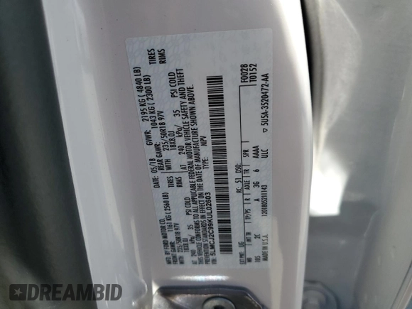 2019 Lincoln MKC Select with VIN 5LMCJ2C99KUL02603, listed as a Copart auction lot 60930025 with 70,157 mi miles and Non repairable. Bid and sale history available at DreamBid. Image 12.