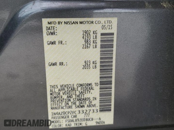 2015 Nissan LEAF SV with VIN 1N4AZ0CP2FC332733, listed as a Copart auction lot 54180075 with 113,871 mi miles and Clean Title. Bid and sale history available at carsss.com. Image 12.