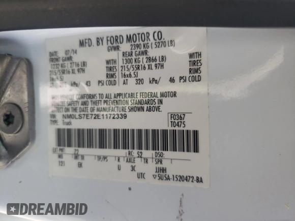 2014 Ford Transit Connect XL with VIN NM0LS7E72E1172339, listed as a Copart auction lot 59534765 with 106,086 mi miles and Clean title. Bid and sale history available at DreamBid. Image 13.