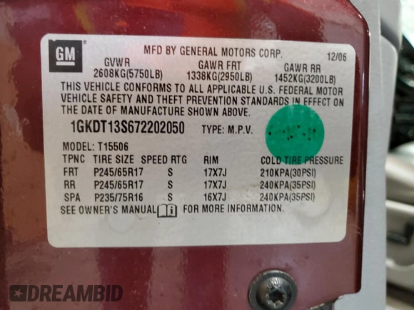 2007 GMC Envoy SLE with VIN 1GKDT13S672202050, listed as a Copart auction lot 50559375 with 0 mi miles and Non Repairable. Bid and sale history available at carsss.com. Image 13.